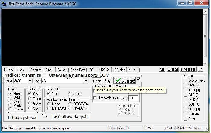 6. Działanie Aplikacji Działanie aplikacji będziemy obserwować za pomocą programu RealTerm, monitora portu szeregowego.