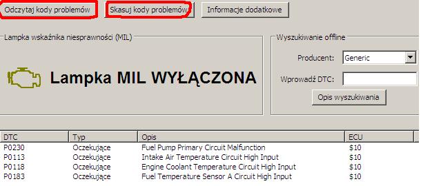 W przypadku, gdy chcemy odczytać i skasować błędy klikamy w głównym menu na Kody