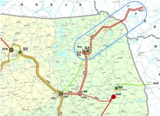 Rysunek 1 Projektowana linia 400 kv Ełk Bis granica RP na tle fragmentu planu sieci elektroenergetycznej NN wraz z odcinkiem linii po stronie litewskiej.