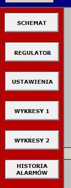 W lewej części ekranu (na brązowym tle) znajdują się przyciski do wybierania okien z różnymi funkcjami wizualizacji: Ekran główny wizualizacji Okno z nastawami regulatora dozowania