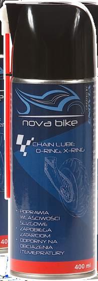 Zawiera PTFE (teflon) Poprawia właściwości ślizgowe Odporny na obciążenia i temperatury Specjalna osłonka Nova Bike Chain Lube - smar do łańcuchów motocyklowych Przeznaczenie: do łańcuchów zwykłych