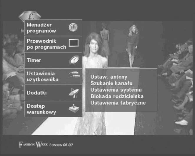 MENU GŁÓWNE Menu umoŝliwia dokonanie niezbędnych ustawień i regulacji odbiornika Główne menu składa się z 6 podmenu MenadŜer programów Przewodnik po Programach Timer Ustawienia uŝytkownika Dodatki