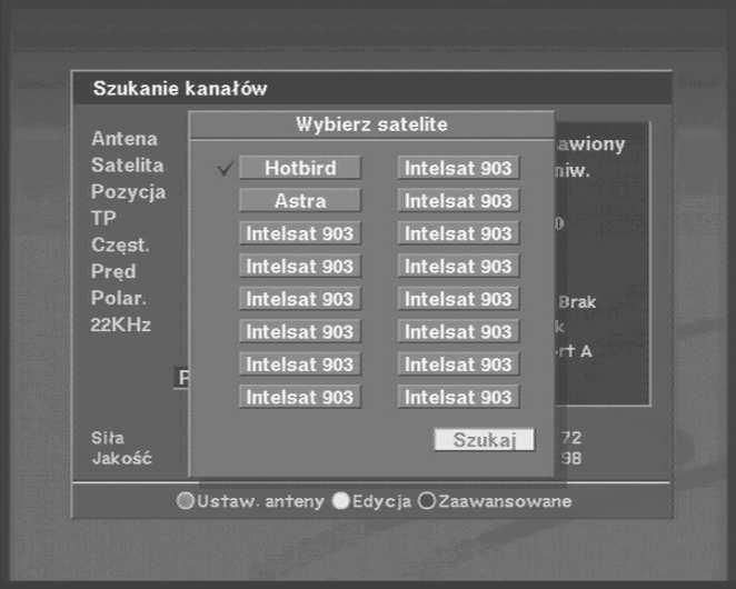 Pozycję anteny naleŝy zatwierdzić przy pomocy przycisku OK pilota. Odbiornik poprosi o potwierdzenie wyboru. 4. Transponder moŝna wybrać jeden z transponderow.