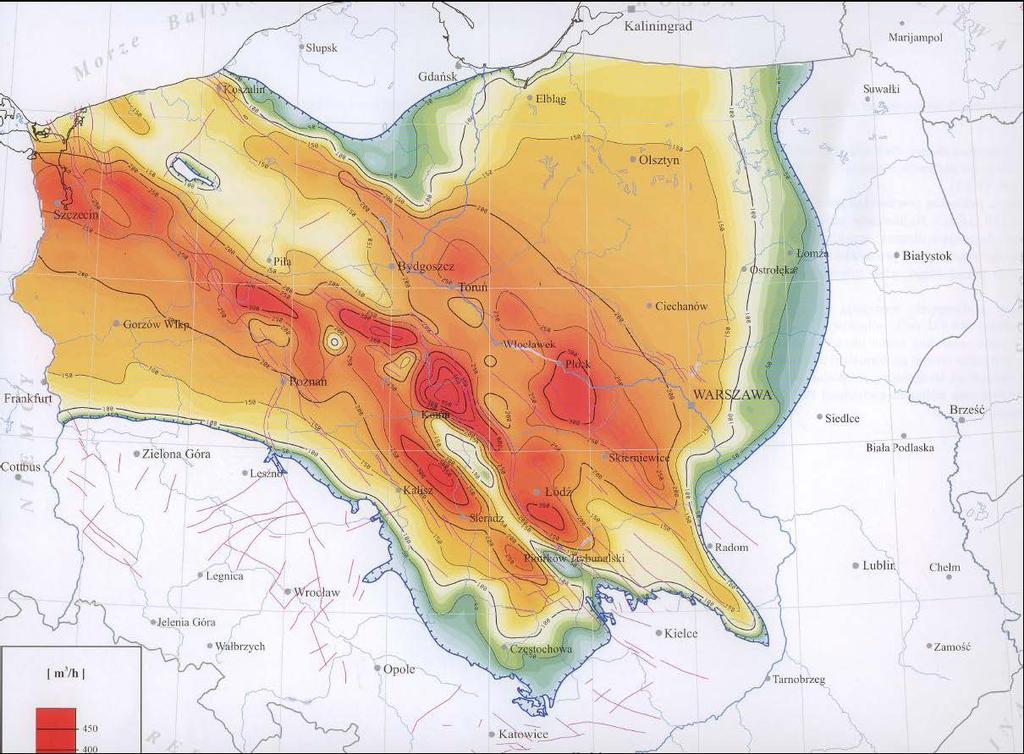 FRAGMENT MAPY POTENCJALNYCH WYDAJNOŚCI STUDNI (DUBLETÓW) W JURZE DOLNEJ NA NIŻU POLSKIM źródło: Atlas zasobów geotermalnych formacji