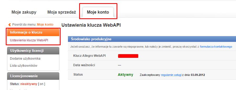 przyłączeń: Klucz API generujemy na stronie Allegro w