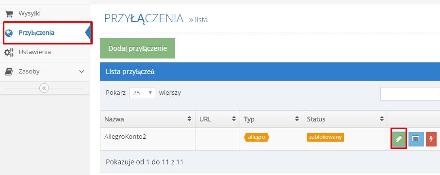 Edycja danych przyłączenia Allegro Edycji hasła loginu lub klucza API możemy dokonać po wejściu