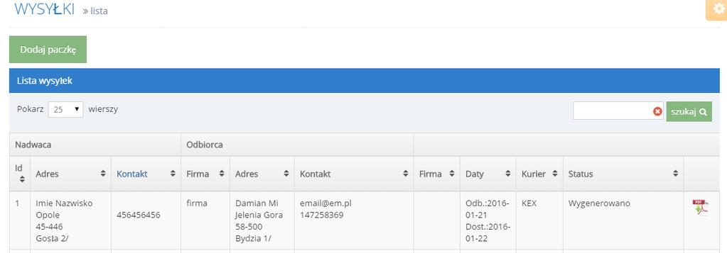 Wysyłki Zakładka "wysyłki" wyświetla paczki jakie zostały wygenerowane przez moduły ecommerce oraz wysyłki jakie zrobimy w panelu.