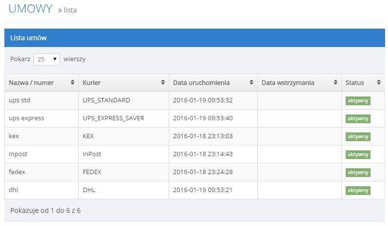 Moduły można pobrać i zainstalować zgodnie z zamieszczoną instrukcją w dokumentacji konkretnego modułu. Umowy Lista umów przedstawia kurierów jakich mamy dodanych do profilu klienta.