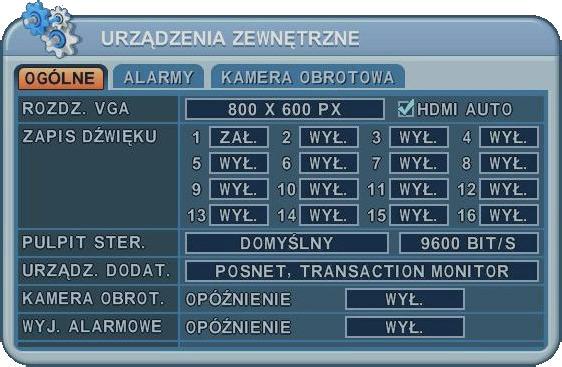 8.1 Główne urządzenia zewnętrzne OGÓLNE Zakładka OGÓLNE umożliwia przeprowadzenie ustawień związanych z monitorem VGA, HDMI, rejestracją dźwięku, pulpitem sterującym itp.