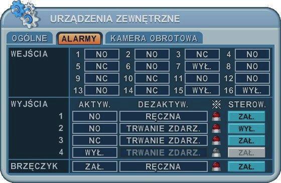 8.2 Wejścia i wyjścia alarmowe ALARMY Konfiguracja wejść i wyjść alarmowych oraz sygnalizacji dźwiękowej dostępna jest w zakładce ALARMY.