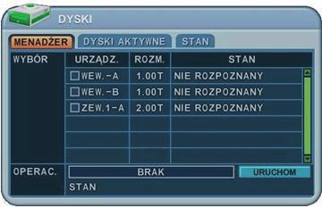 W celu aktywacji/sformatowania nośnika pamięci należy zaznaczyć go na liście WYBÓR (można zaznaczyć kilka nośników jednocześnie, w ten sposób w procesie aktywacji zostaną kolejno sformatowane