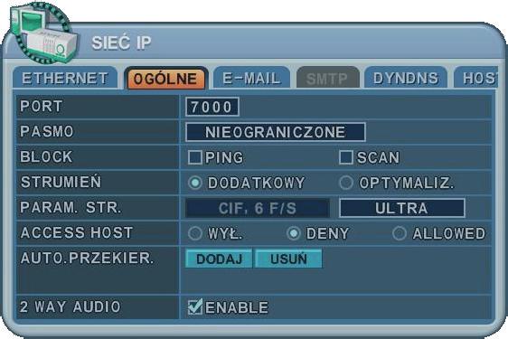 7.2 Dodatkowe parametry IP OGÓLNE Konfiguracja dodatkowych parametrów istotnych podczas pracy w sieci IP jest dostępna w oknie zakładki OGÓLNE.