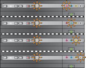 Opis kontrolki/kombinacji kontrolek Kontrolka zasilania świeci, kontrolka ostrzeżenia miga, a kontrolki pojemników z tuszem migają kolejno od lewej do prawej.