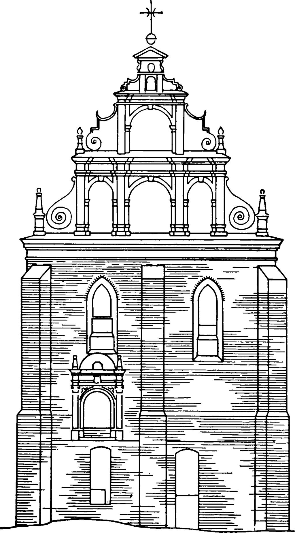 Po zdjęciu zmurszałego daszku drewnianego, pokrytego blachą ocynkowaną, nad grubszą ścianą dolnego prezbiterium ukazał się jakby chodnik ceglany o bardzo nieregularnej powierzchni, szerokości powyżej