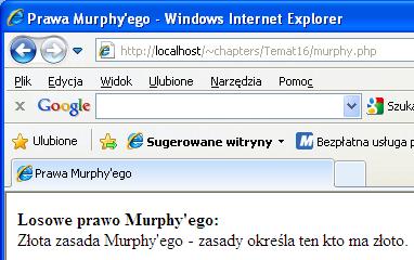 Skrypt odczytujący zawartość pliku murphy.txt do tablicy o nazwie cytaty i wyświetlający cytat z pierwszego wiersza pliku ($cytaty[0]) <?