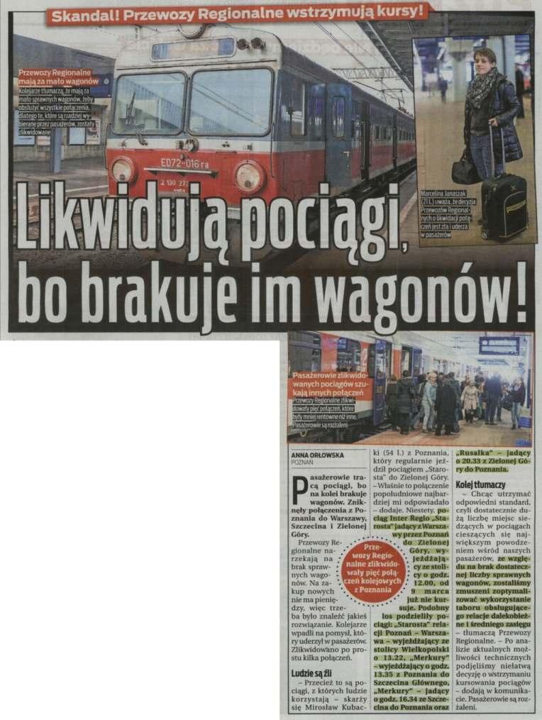 LIKWIDUJĄ POCIĄGI, BO BRAKUJE IM WAGONÓW! FAKT - POZNAŃ s.