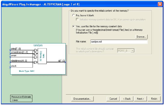 Rys. 5. Specyfikacja pliku inicjującego SRAM. Zawiera ona element pozwalający załadować pamięć wartością początkową w czasie programowania FPGA.