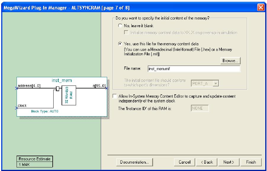 Rys. 6. Specyfikacja pliku inicjującego RAM. Wybraliśmy plik o nazwie inst_mem.mif, który będzie utworzony w katalogu projektu. Przeczytaj on-line Help opisujący format pliku MIF.
