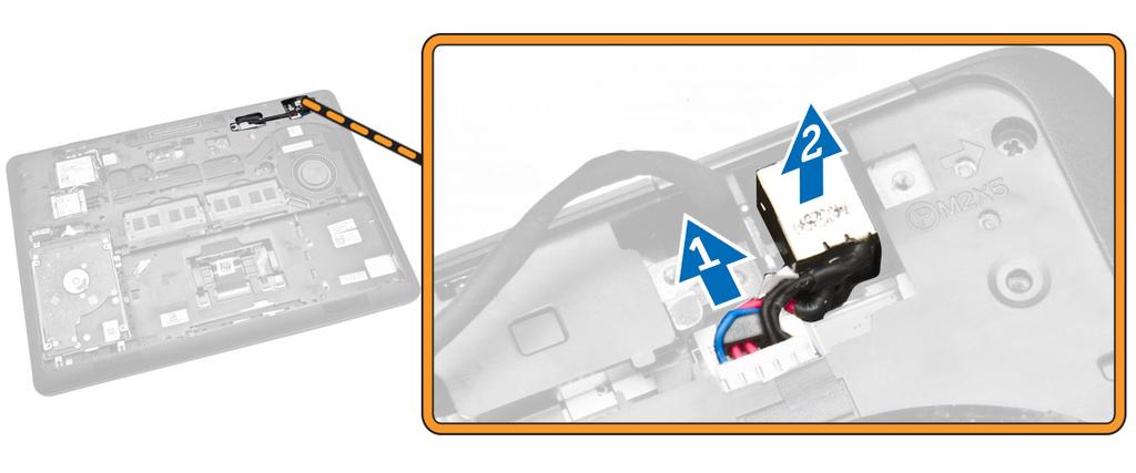 Umieść kabel gniazda zasilacza w prowadnicach i podłącz kabel gniazda zasilacza do złącza na płycie systemowej. 4. Zainstaluj następujące elementy: a. akumulator b. pokrywa dolna 5.