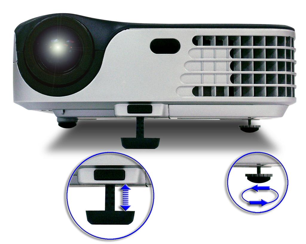 Regulacja wyświetlanego obrazu Regulacja wysokości obrazu projektora Projektor jest wyposażony w stopkę podnoszenia, umożliwiającą regulację wysokości. Aby podnieść obraz: 1.
