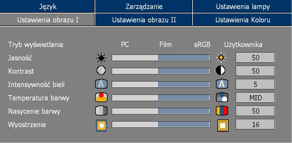 Elementy sterowania Tryb wyświetlania Ustawienia obrazu-i Dostępnych jest wiele ustawień wstępnych zoptymalizowanych dla różnych typów obrazów. 4PC: Obrazy z komputera lub notebooka.