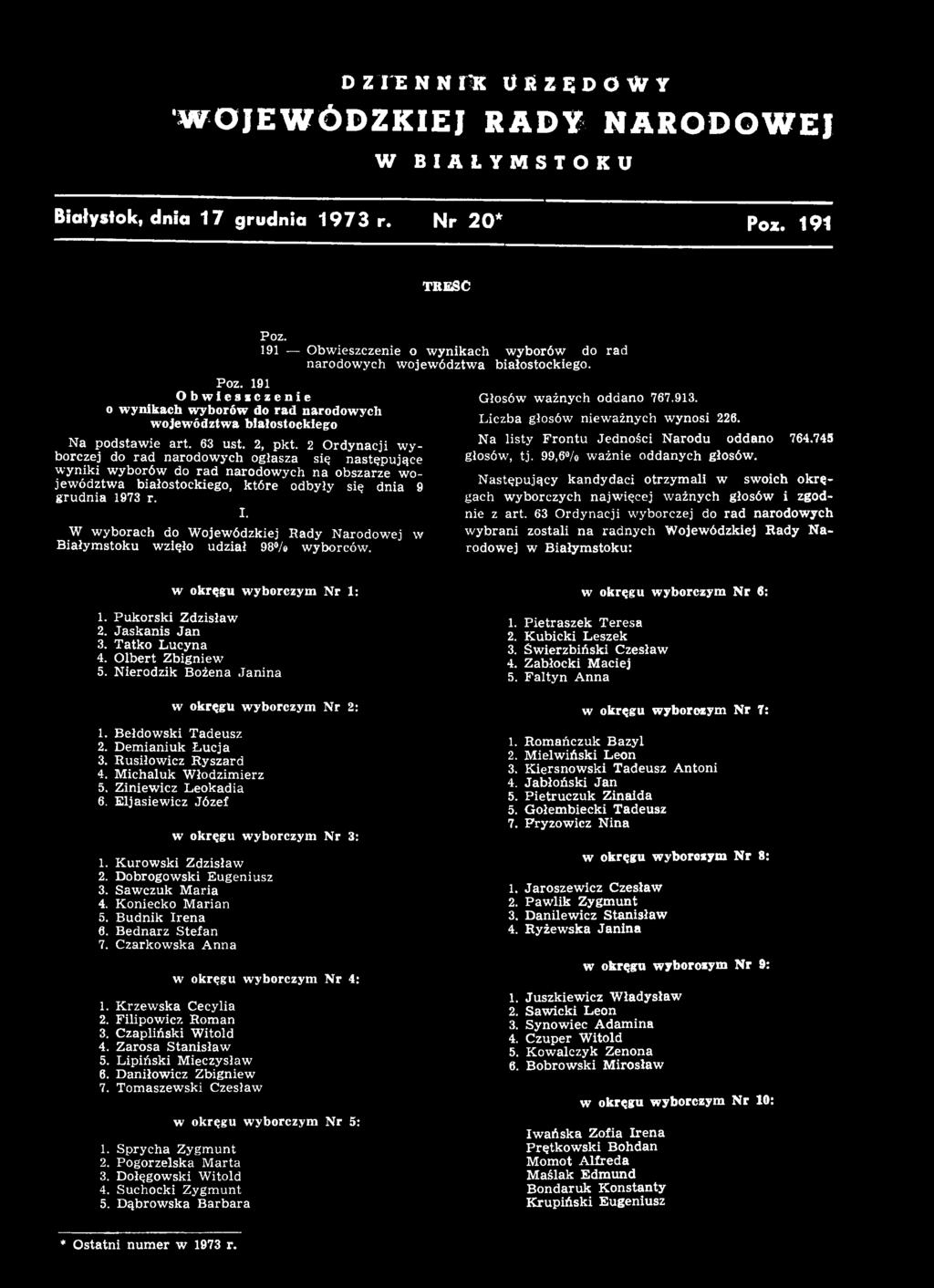 913. Liczba głosów nieważnych wynosi 226. Na listy Frontu Jedności Narodu oddano 764.745 głosów, tj. 99,6%> ważnie oddanych głosów.