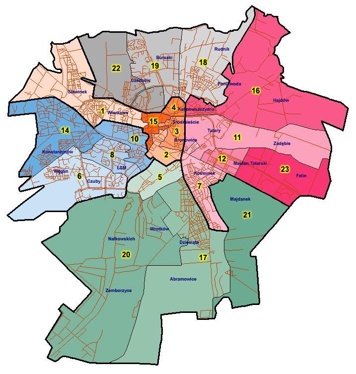 Mapa 1. System pomocy środowiskowej w 2014 roku na terenie miasta Lublin Filia Nr 1 - ul.