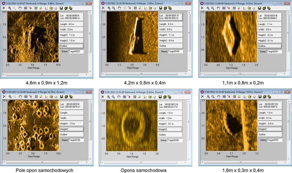 Rys. 5. Przykłady obiektów podwodnych wykrytych za pomocą sonaru bocznego w basenie portowym 4.