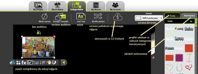 22 Po prawej stronie mamy galerię różnych grafik statycznych i animacji podzielonych na kategorie tematyczne. Na dole strony znajduje się pasek do edycji animacji (rys. 23). Rys.