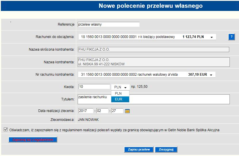 Nr rachunku kontrahenta jest polem rozwijalnym, gdzie znajduje się lista dostępnych rachunków własnych na które może zostać wykonany przelew.