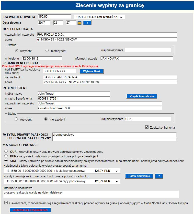 3. Przelew zagraniczny Nowy przelew zagraniczny wprowadzamy w opcji Przelewy -> Nowy przelew zagraniczny (Rysunek 4) Rysunek 4 zlecenie wypłaty za granicę Formatka przelewu zagranicznego zawiera