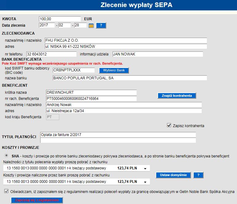 4. Przelew SEPA Na formatce przelewu SEPA są realizowane zlecenia w walucie EUR kierowane do Banku uczestnika SEPA (jednolity obszar płatności w euro) z opcją kosztową SHA.