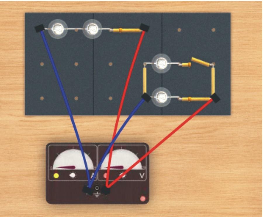 " Pobierz z Narzędzi dwa przewody regulowane niebieski i czerwony. Za pomocą przewodów połącz zasilacz z drugim układem żarówek połączonych równolegle zgodnie z powyższym rysunkiem.