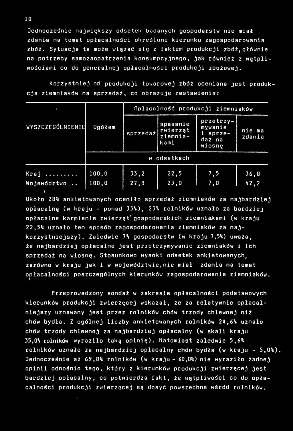 Korzystniej od produkcji towarowej zbóż oceniana jest produkcja ziemniaków na sprzedaż, co obrazuje zestawienie: ' Opłacalność produkcji ziemniaków Ogółem sprzedaż spasanie zwierząt ziemniakami