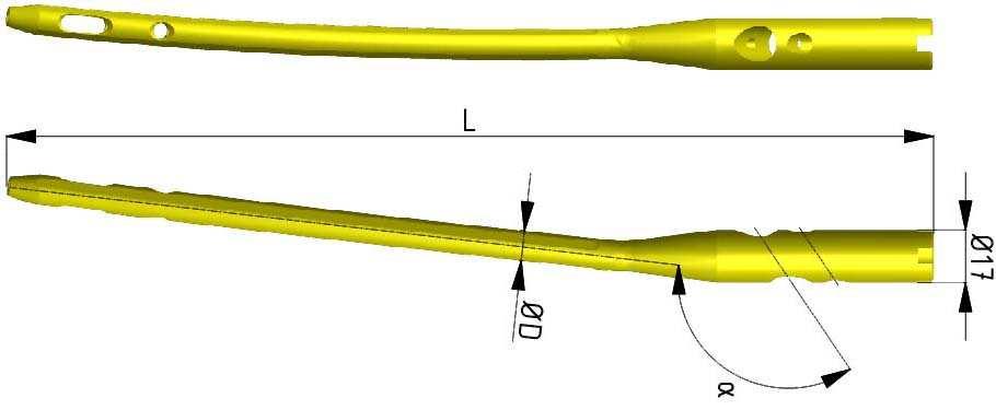 Gwoździe krętarzowe kaniulowane długie prawe, otwór antyrotacyjny (2H) Long cannulated trochanteric nails right, antirotation hole (2H) α[ ] L[mm].