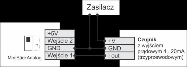 Sposób podłączenia czujnika z wyjściem 0(4) 20mA ( 2-przewodowym ) Wejście dla czujnika z wyjściem prądowym 0(4) 20mA ( 3-przewodowym ) Dla Wejścia 1: Zworka DS1 powinna być w