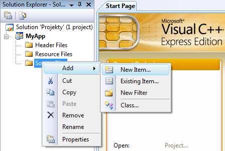 Można to zrobić na kilka sposobów: - wybierając z menu głównego: File New File; - używając klawisza skrótu: Ctrl + N; - klikając prawym klawiszem myszki w oknie Solution Explorer na