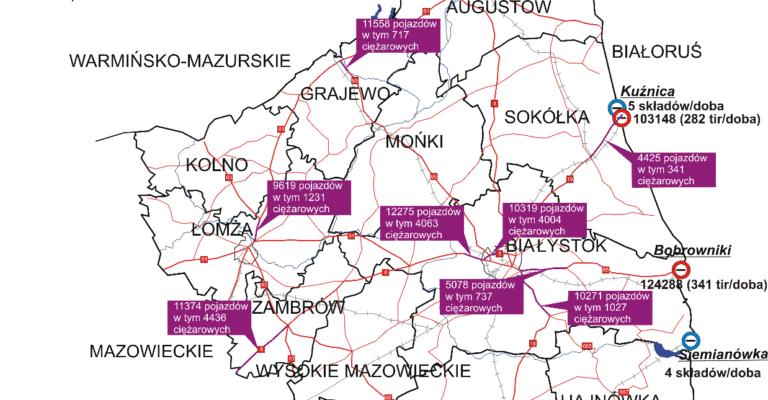 Zagrożenia komunikacyjne Transport drogowy Położenie województwa podlaskiego w geograficznym środku Europy, będącego obszarem UE sprawia, iż spełnia ono istotną rolę nie tylko w krajowym, ale i w