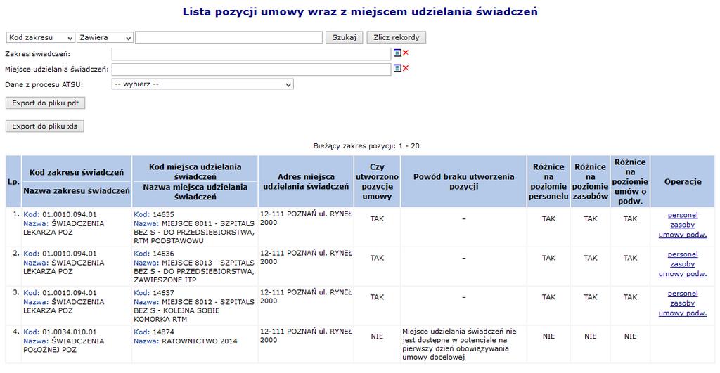 Rys. 11.9 Lista pozycji umowy wraz z miejscami udzielania świadczeń 11.