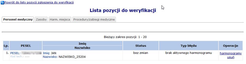 Wybrać zakładkę Personel medyczny, a następnie wybrać opcję Harmonogramy. 8 Lista pozycji do weryfikacji 4.