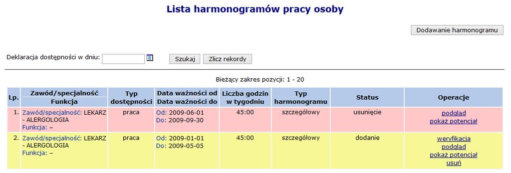 Rys. 13.9 Lista harmonogramów pracy osoby 5. Następnie należy wybrać opcję Weryfikacja.