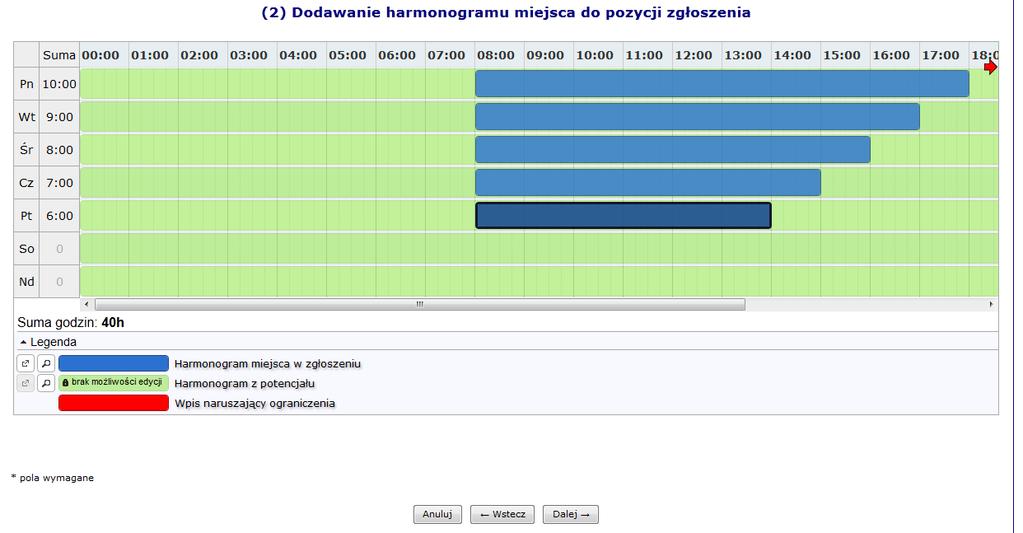 Rys. 13.16 Graficzne dodawanie harmonogram miejsca do pozycji Aby wprowadzić nowy zakres godzinowy należy kliknąć w odpowiednim miejscu harmonogramu i trzymając kursor przeciągnąć go w prawo lub lewo.