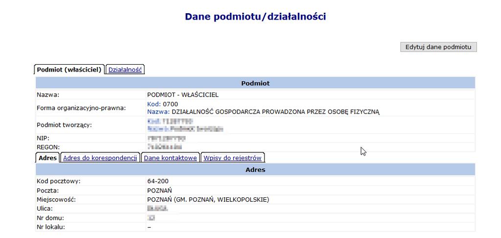 6.1 Podmiot (właściciel) W obszarze Podmiot (właściciel) można uzyskać wszystkie informacje, które zostały podane podczas rejestracji kontrahenta w systemie oddziałowym.