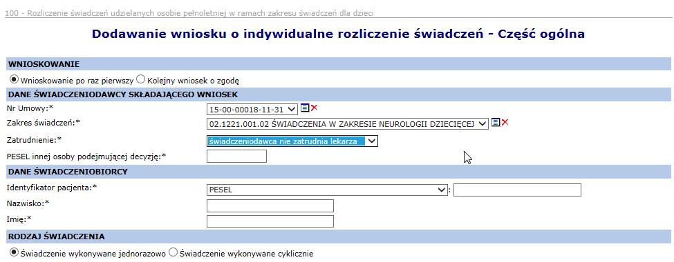 jako osoba podejmująca decyzję: 23 Dodawanie wniosku o indywidualne rozliczenie świadczeń część ogólna W kolejnym kroku należy podać dane szczegółowe wniosku: Przyczyny udzielania świadczenia (ICD