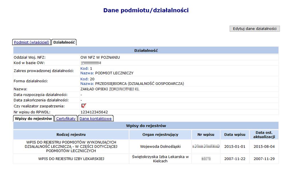 Rys. 6.8 Dane działalności Informacje w tej części systemu mogą być edytowane przy użyciu opcji.