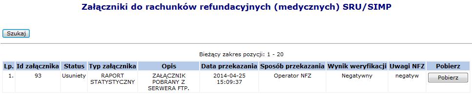 refundacyjnych (medycznych) SRU/SIMP Na Liście załączników do rachunków refundacyjnych SRU/SIMP prezentowane dane posegregowane są w następujących kolumnach: Id załącznika w systemie OW NFZ Status