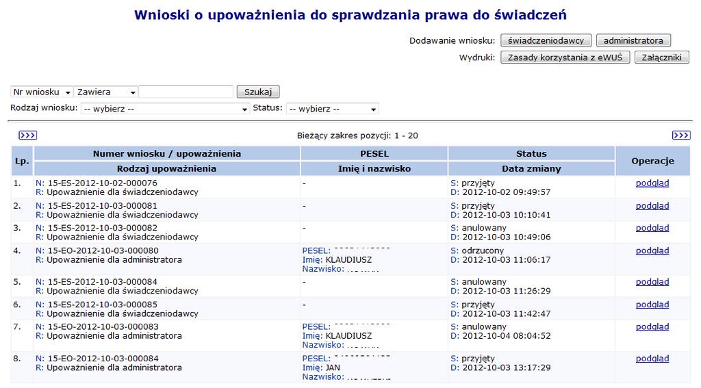 Rys 16.1 Wnioski o upoważnienie do sprawdzania prawa do świadczeń Podczas dodawania nowego wniosku, operator musi zapoznać się z regulaminem, a następnie go zaakceptować: Rys 16.