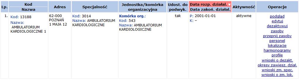 Rys. 8.5 Lista lokalizacji miejsca 8.2.2 Zmiana lokalizacji, do której należy miejsce Aby zmienić adres miejsca wykonywania świadczeń lokalizację, do której przypisane jest miejsce, należy: 1.