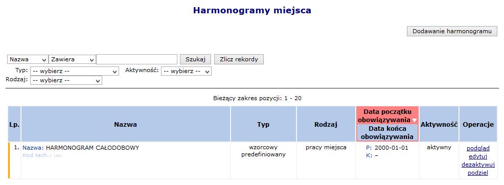 8.2.4 Harmonogram miejsca W miejscu tym operator może zapoznać się z wszystkimi harmonogramami czasu pracy, jakie obowiązywały w miejscu: Rys. 8.