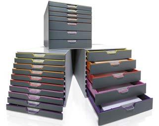 pięcioma kolorowymi szufladkami kolorowe obramowanie szufladek ułatwia organizację dokumentów szufladki wyciągają się łatwo i stabilnie, posiadają ogranicznik blokujący przed ich przypadkowym